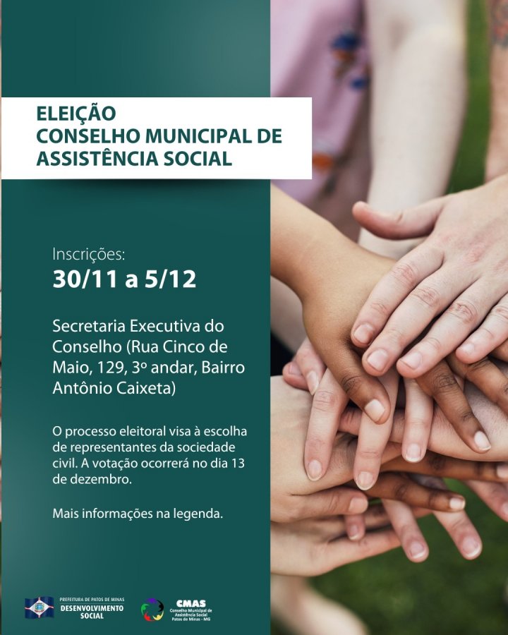 CMAS realizará eleições para conselheiros da assistência social em Patos de Minas