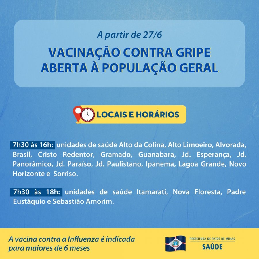 Gripe: Patos de Minas disponibilizará as doses para toda a população a partir de segunda-feira (27)