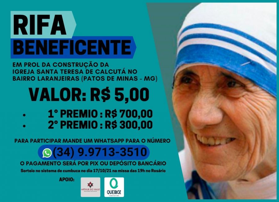 Sorteio da ação beneficente de apoio à construção da igreja no bairro Laranjeiras acontece no próximo domingo